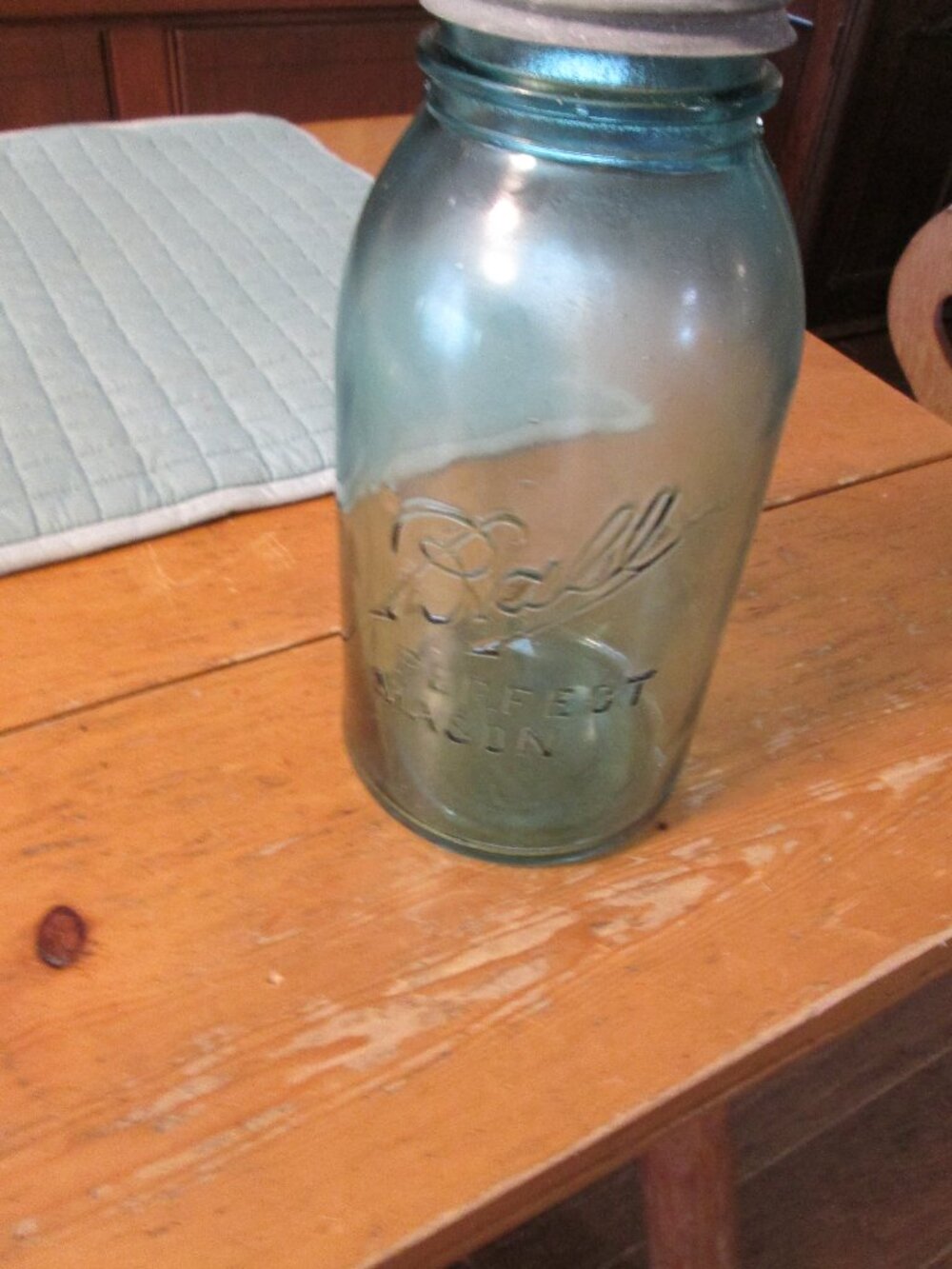 antique half gallon blue green zinc lid embossed ball canning jar